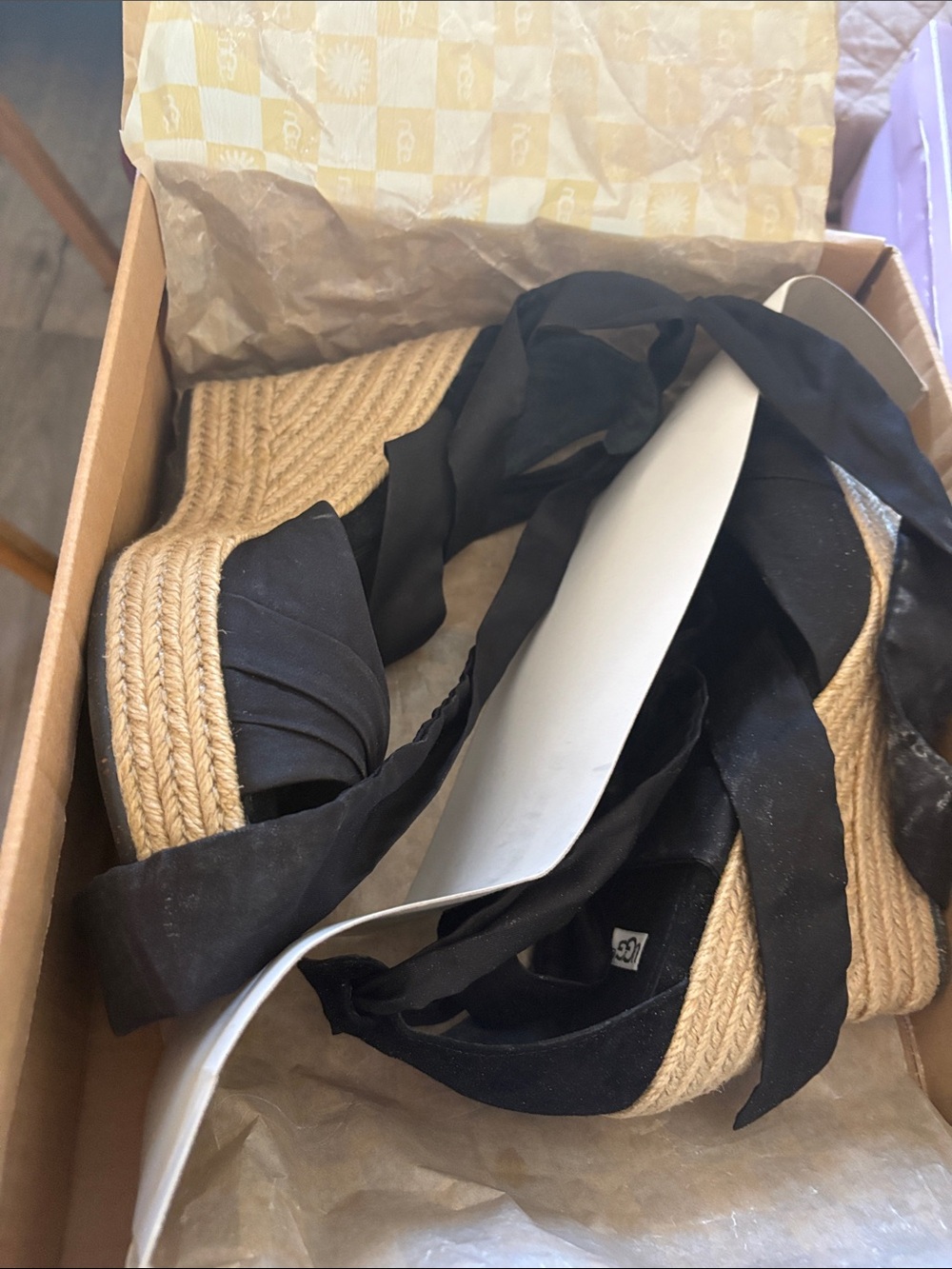 UGG Black Ribbon Espadrille Wedge Sandals with Natural Jute Sole